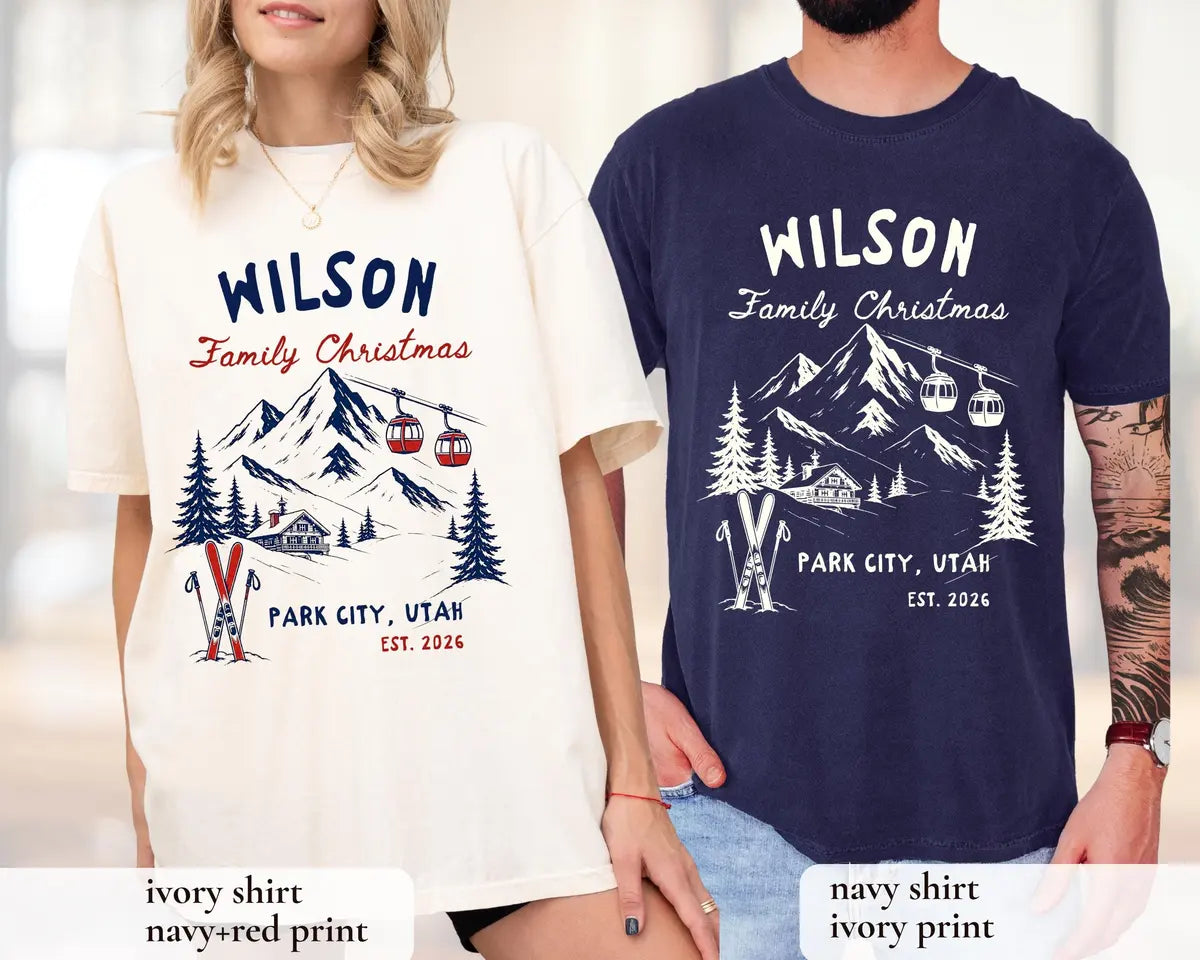 Woman in an Ivory and man in a True Navy Comfort Colors tee, Wilson Family Christmas in navy and white, gondolas and skis