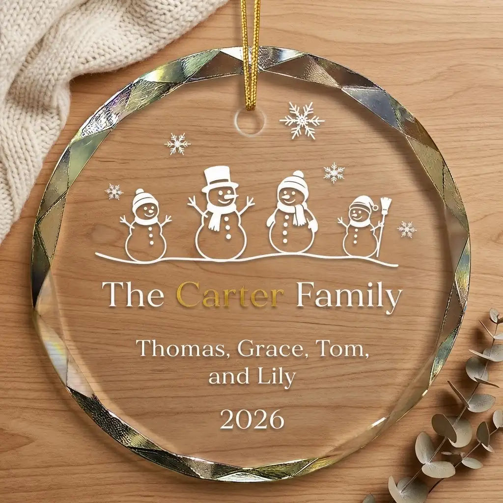 Clear glass round ornament laid flat on festive wooden surface with pine branches, pinecones and holiday decorations surrounding the family of 4 design