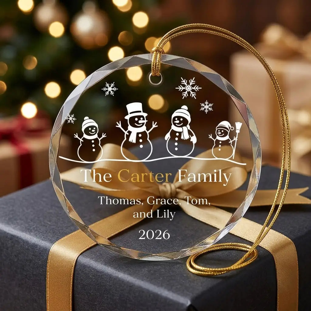 Personalized family of 4 glass ornament presented beside a wrapped holiday gift box on rustic wooden background