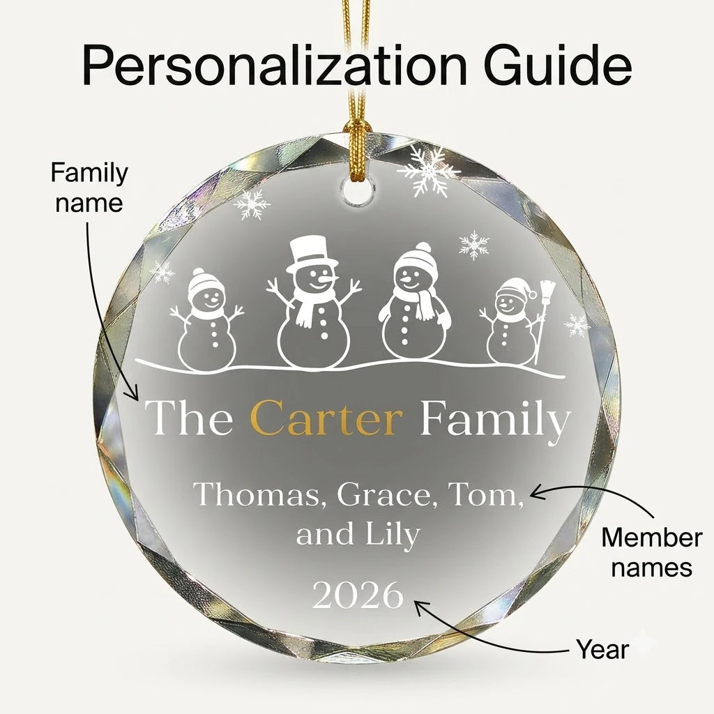 Personalization instruction card showing text input fields for custom names, dates and year on glass ornament