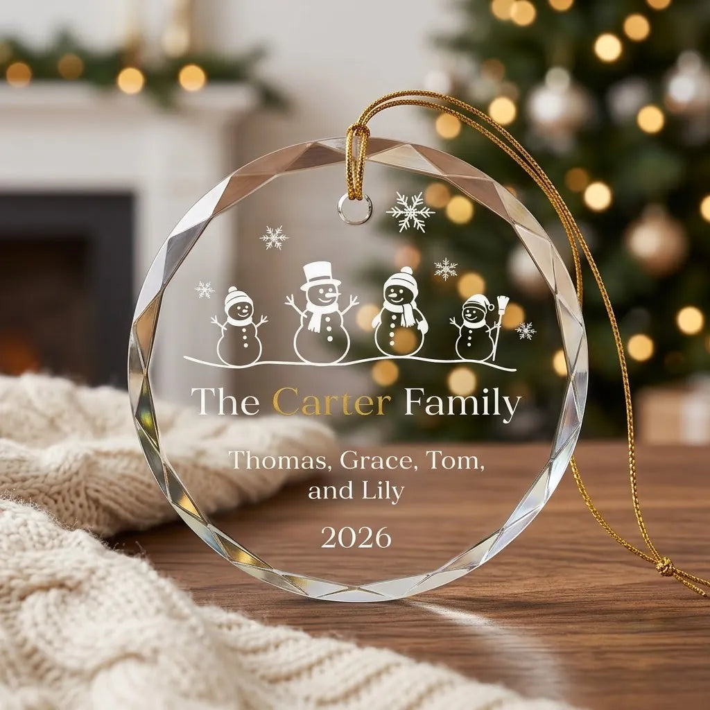 Cozy Christmas holiday scene displaying the custom transparent glass ornament hanging near mantel decor
