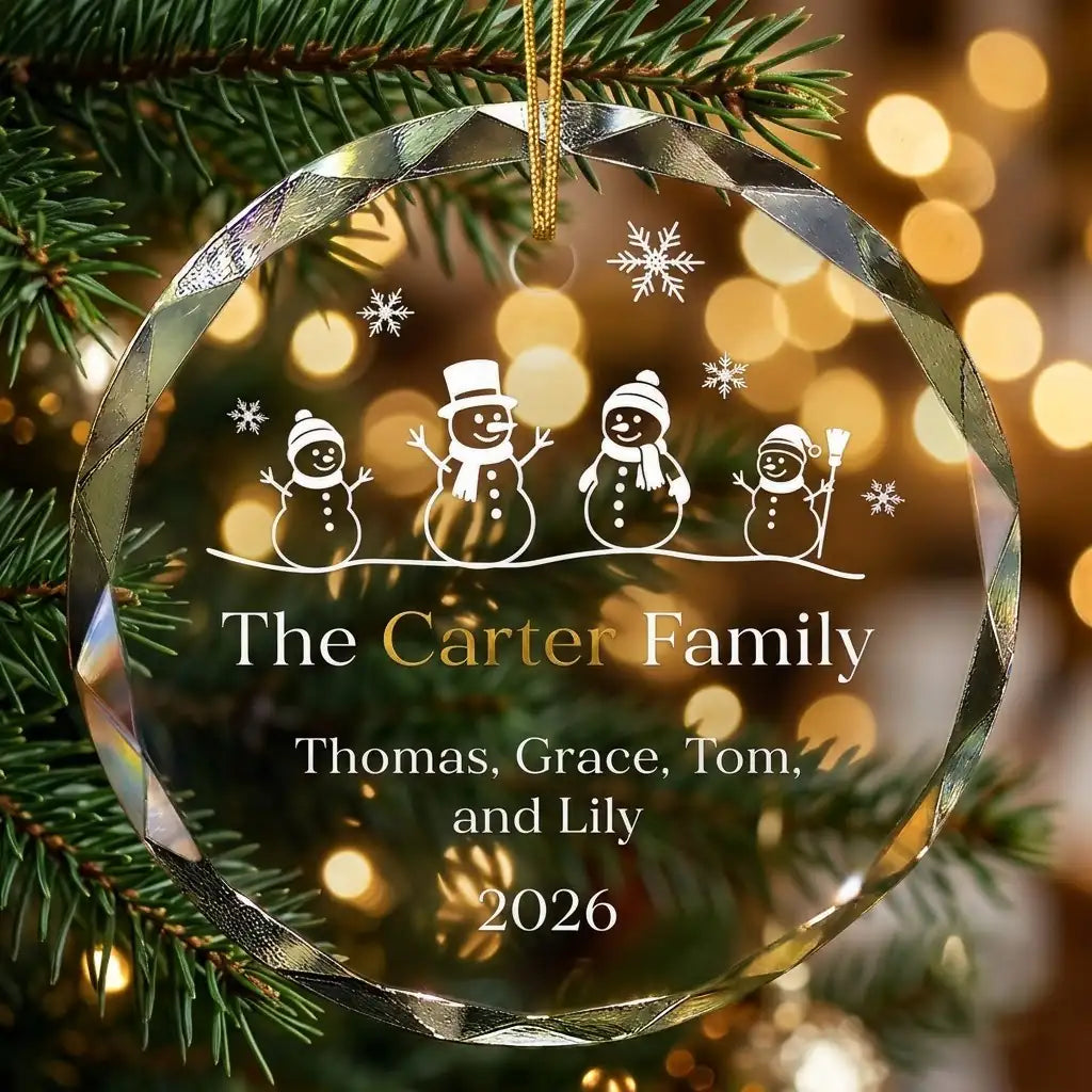 Personalized clear glass family of 4 ornament displayed hanging on Christmas tree branch with warm sparkling holiday lights background