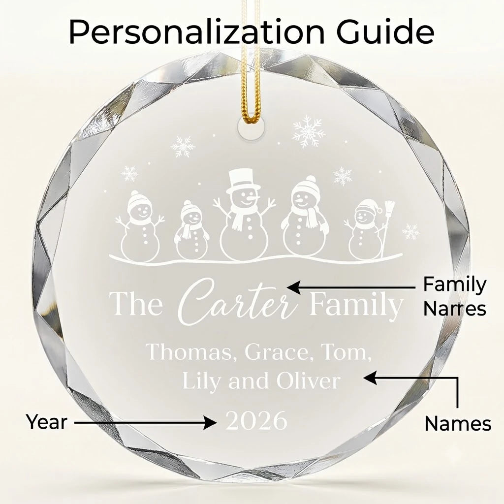 Personalization instruction card showing text input fields for custom names, dates and year on glass ornament