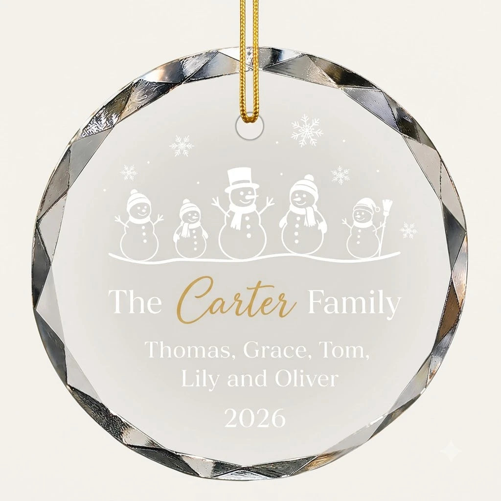 Beveled edge clear glass round ornament featuring printed five cute snowmen family line graphics, custom text The Carter Family and personalized details hanging on gold ribbon