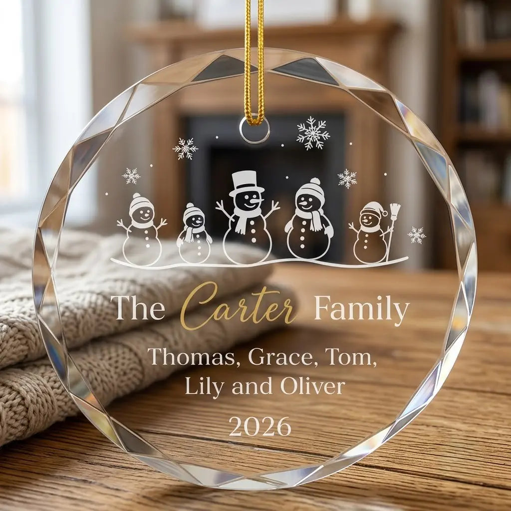 Cozy Christmas holiday scene displaying the custom transparent glass ornament hanging near mantel decor