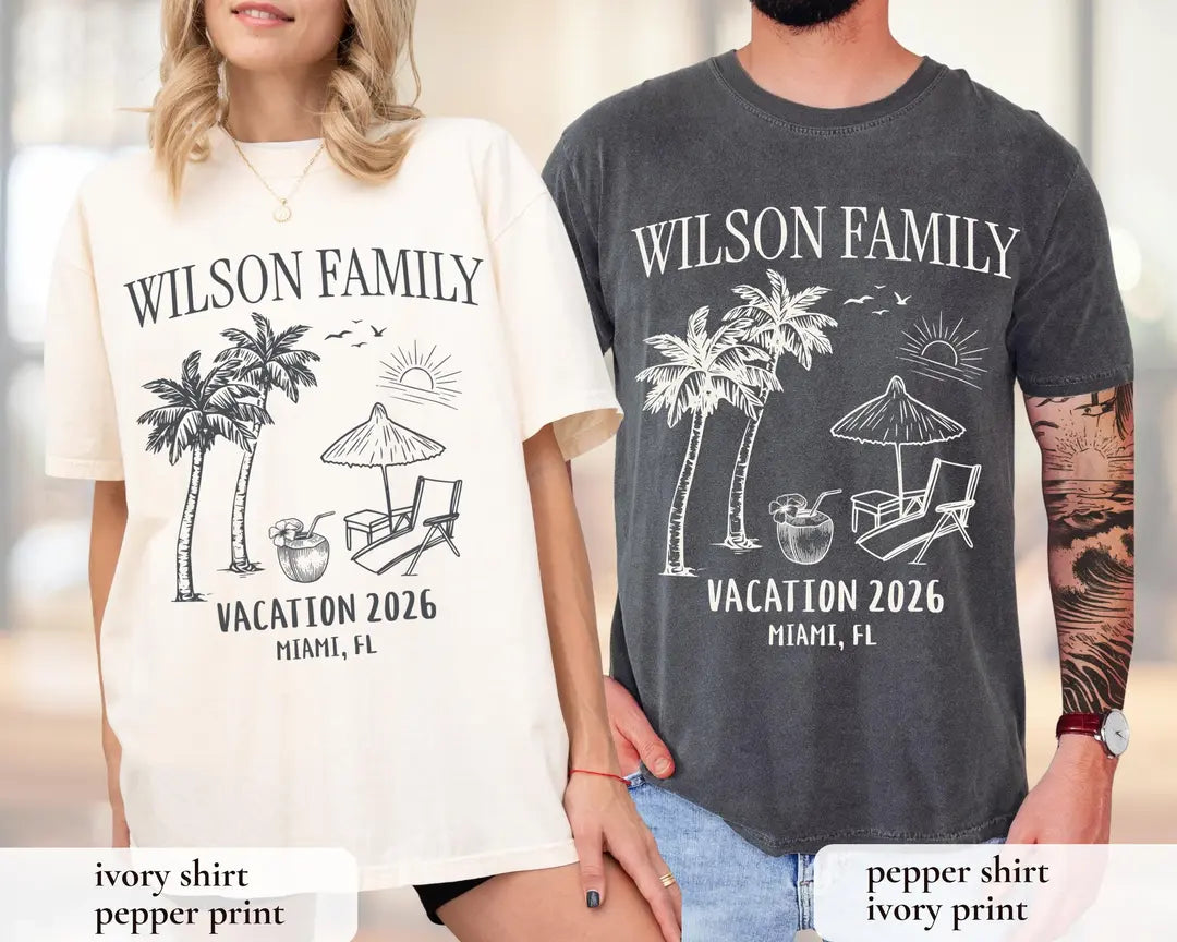 Woman and man in Ivory and Pepper Comfort Colors tees, Wilson Family over palm trees, sun and a lounge chair
