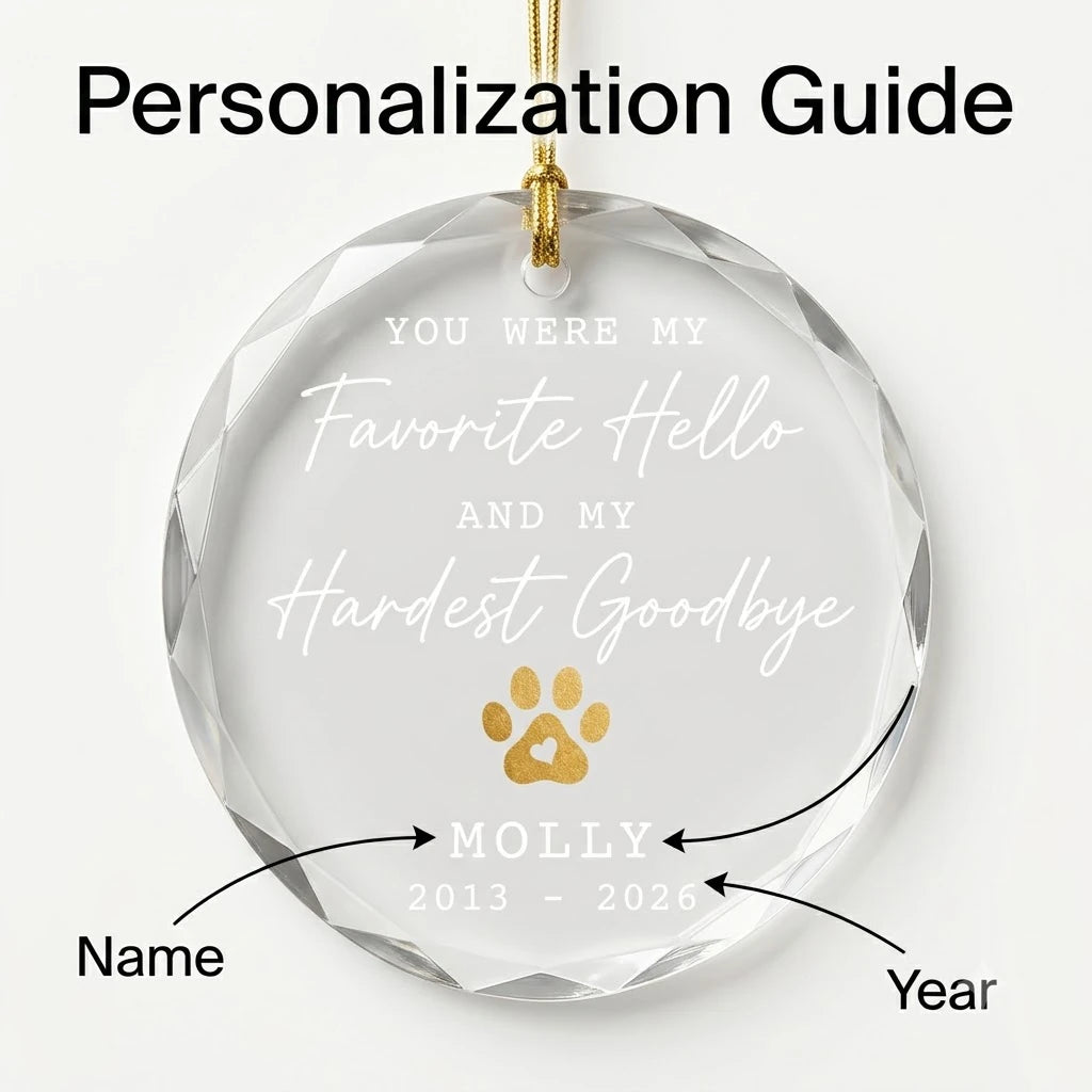 Personalization instruction card showing text input fields for custom names, dates and year on glass ornament