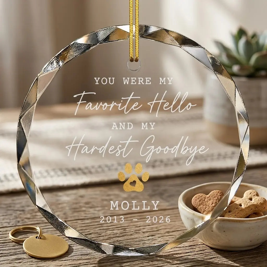 Cozy Christmas holiday scene displaying the custom transparent glass ornament hanging near mantel decor