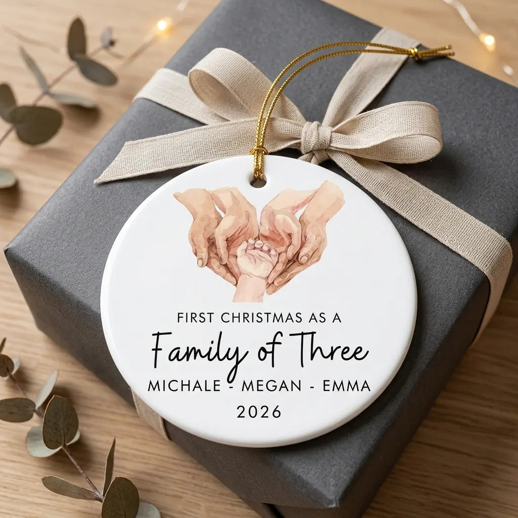 first christmas as a family of three holding hands personalized ornament gift