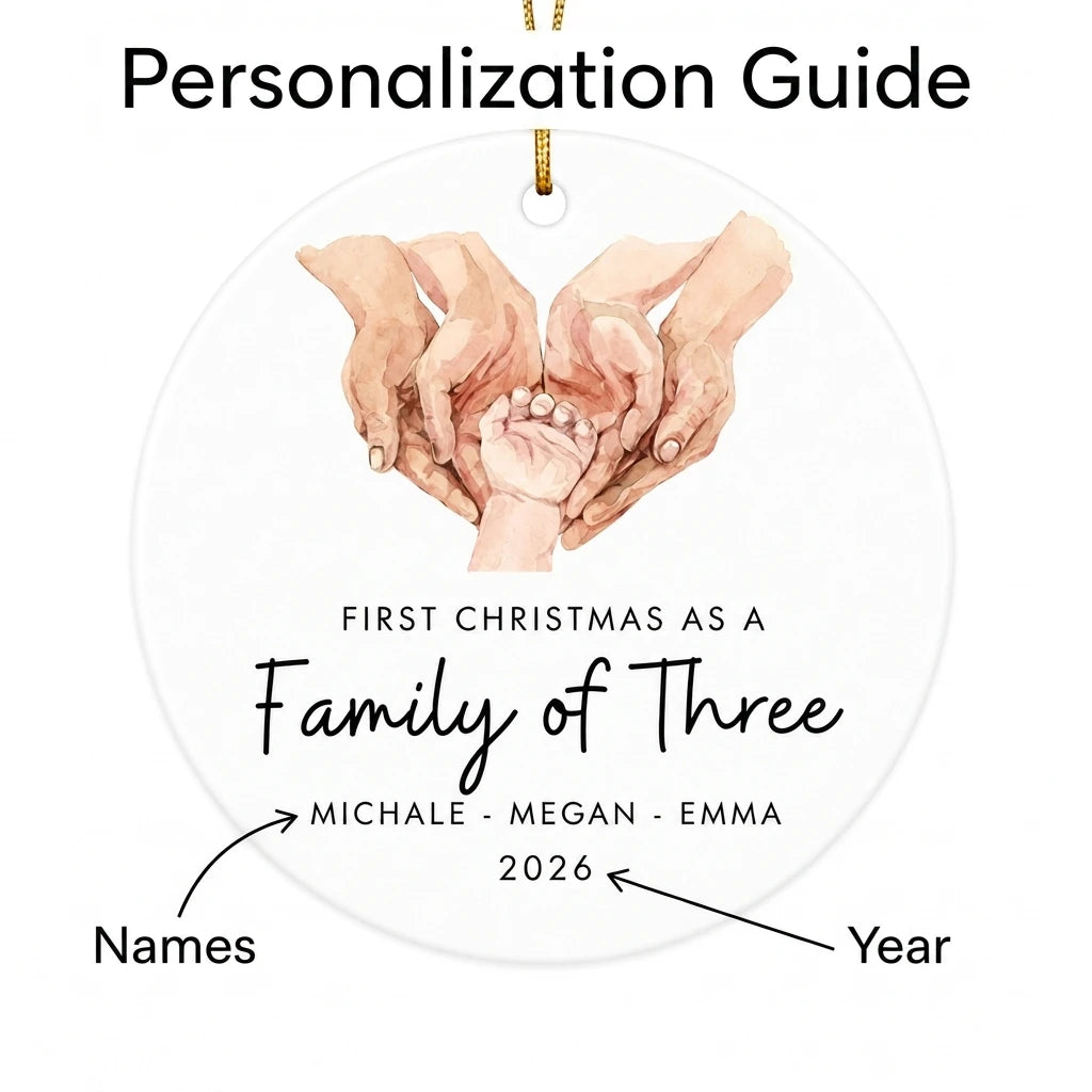 first christmas as a family of three holding hands personalized ornament guide