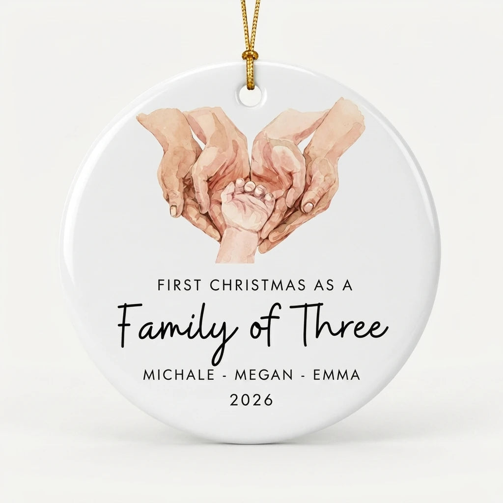 first christmas as a family of three holding hands personalized ornament hero