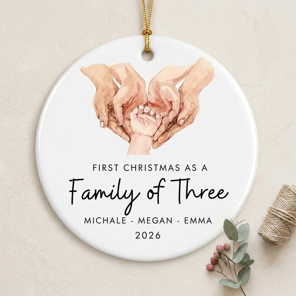 first christmas as a family of three holding hands personalized ornament lifestyle 2