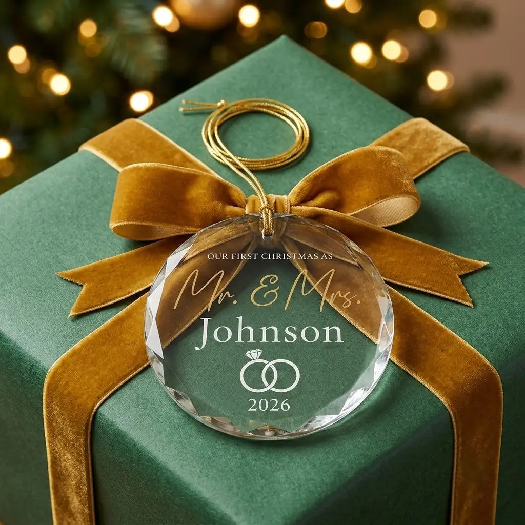 Personalized newlyweds wedding glass ornament presented beside a wrapped holiday gift box on rustic wooden background