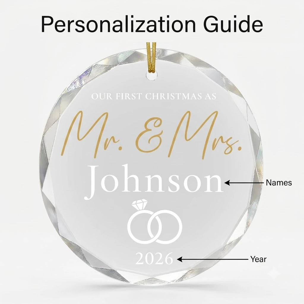 Personalization instruction card showing text input fields for custom names, dates and year on glass ornament