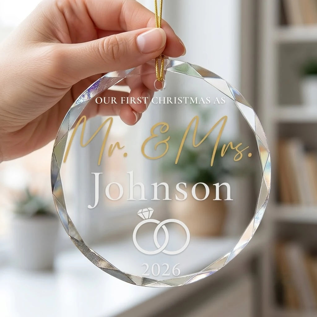 Hand holding a transparent faceted glass ornament with gold string loop showing printed wedding diamond rings pair design and crisp white lettering in cozy indoor scene