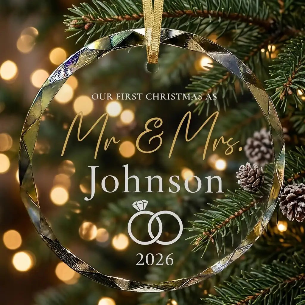 Personalized clear glass newlyweds wedding ornament displayed hanging on Christmas tree branch with warm sparkling holiday lights background