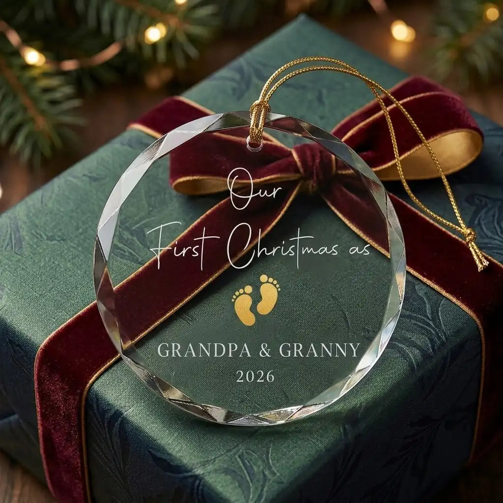 Personalized new grandparents glass ornament presented beside a wrapped holiday gift box on rustic wooden background