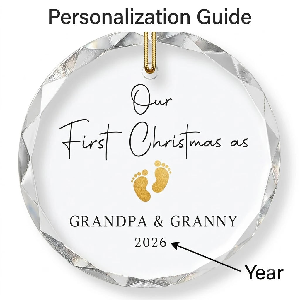 Personalization instruction card showing text input fields for custom names, dates and year on glass ornament