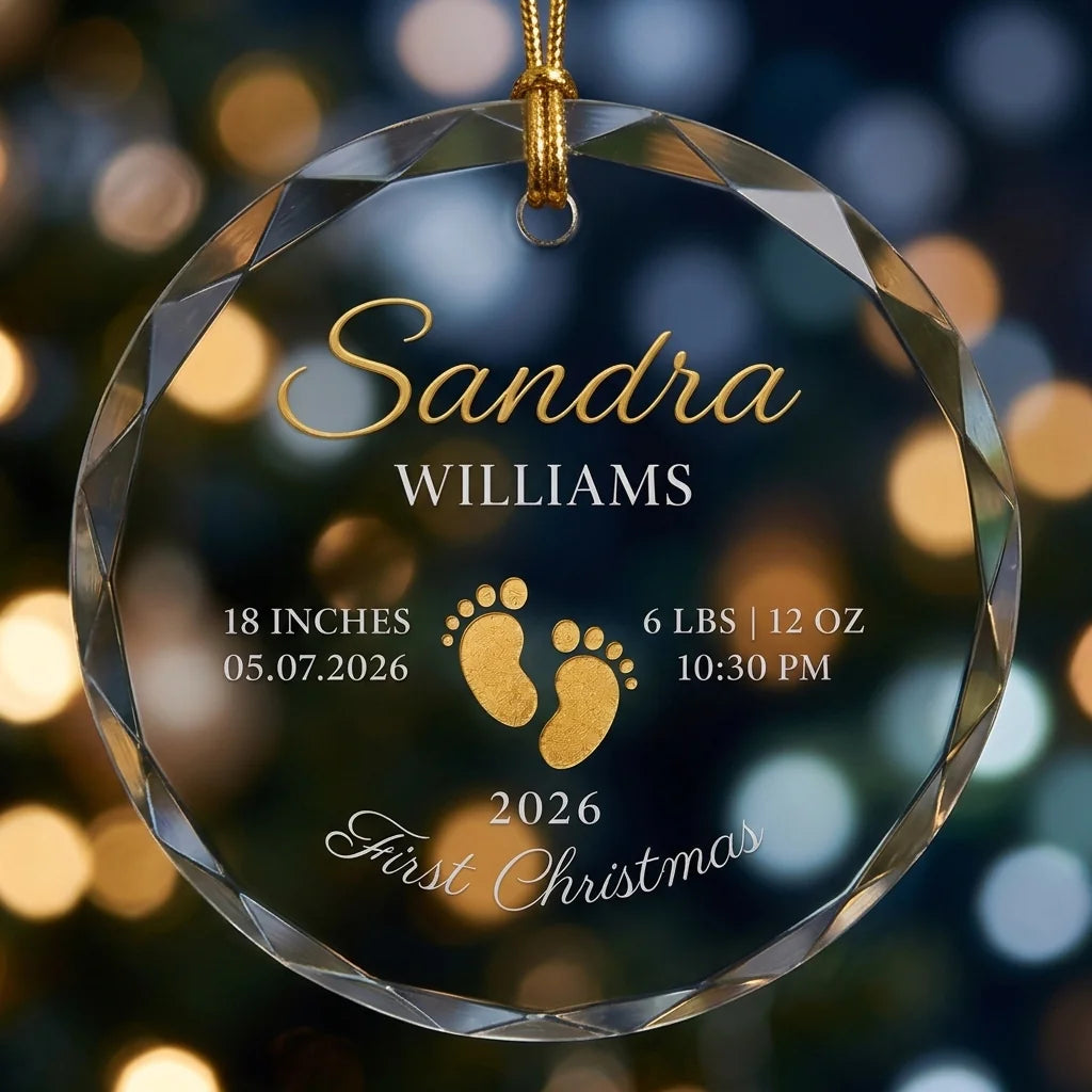 Clear glass round ornament featuring gold baby footprints and custom birth statistics details with detail view