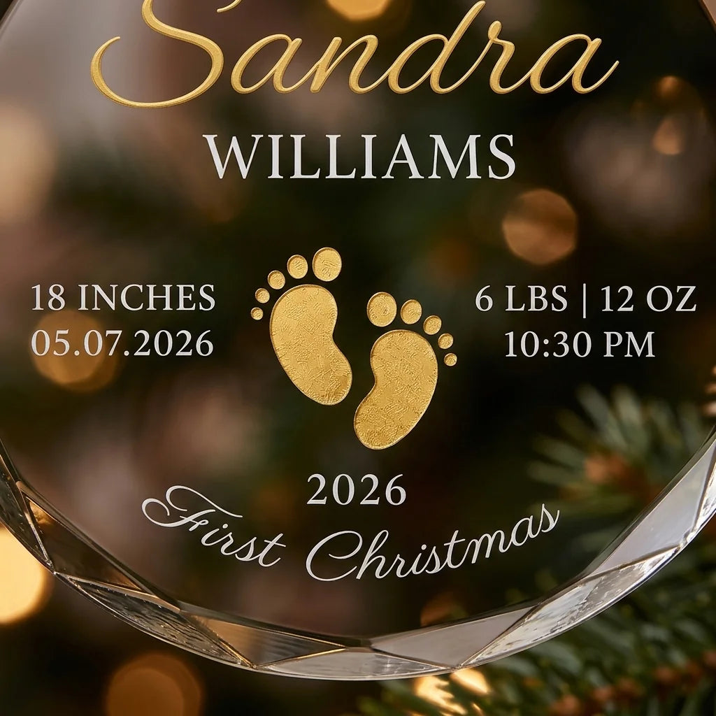 Clear glass round ornament featuring gold baby footprints and custom birth statistics details with detail view