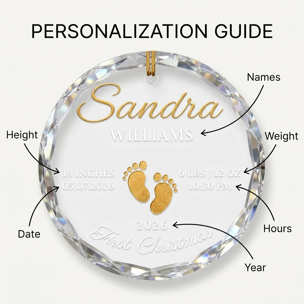 Clear glass round ornament featuring gold baby footprints and custom birth statistics details with guide view