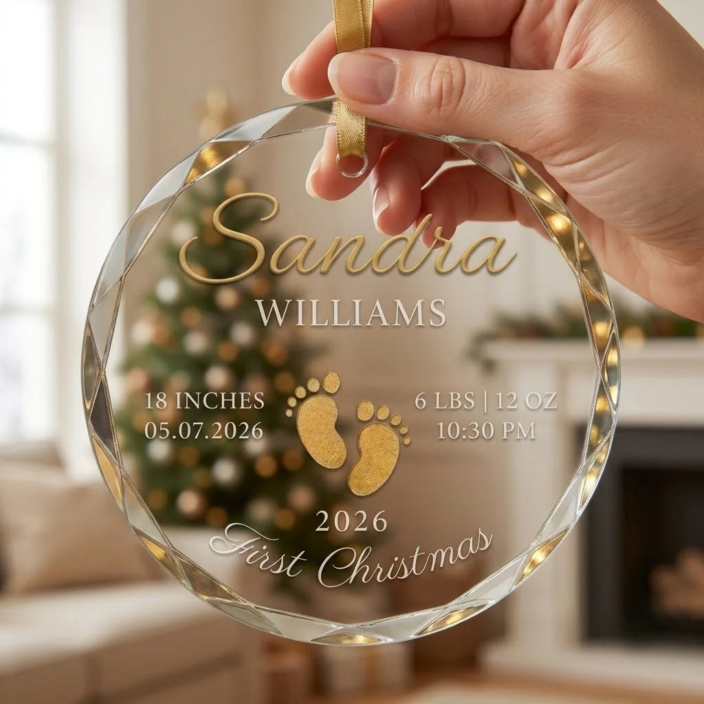 Clear glass round ornament featuring gold baby footprints and custom birth statistics details with hand view