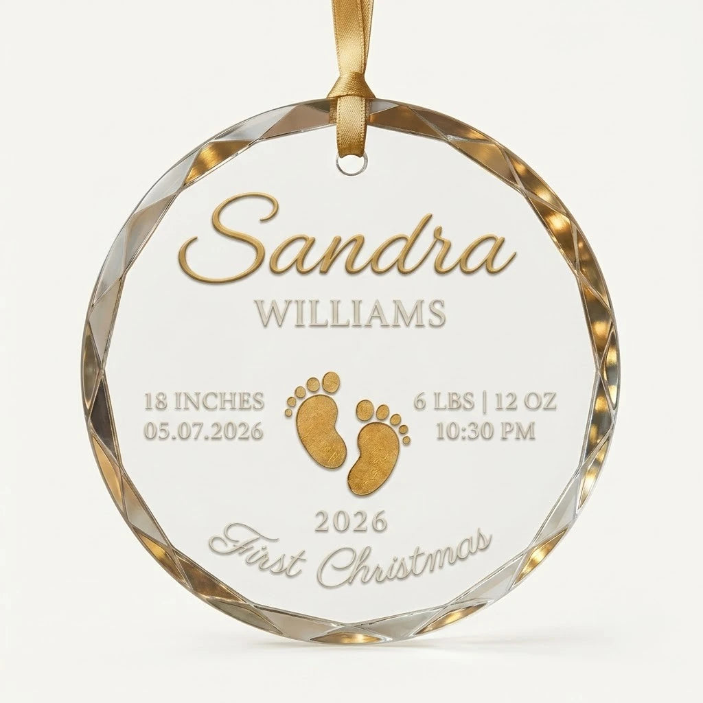 Clear glass round ornament featuring gold baby footprints and custom birth statistics details with hero view