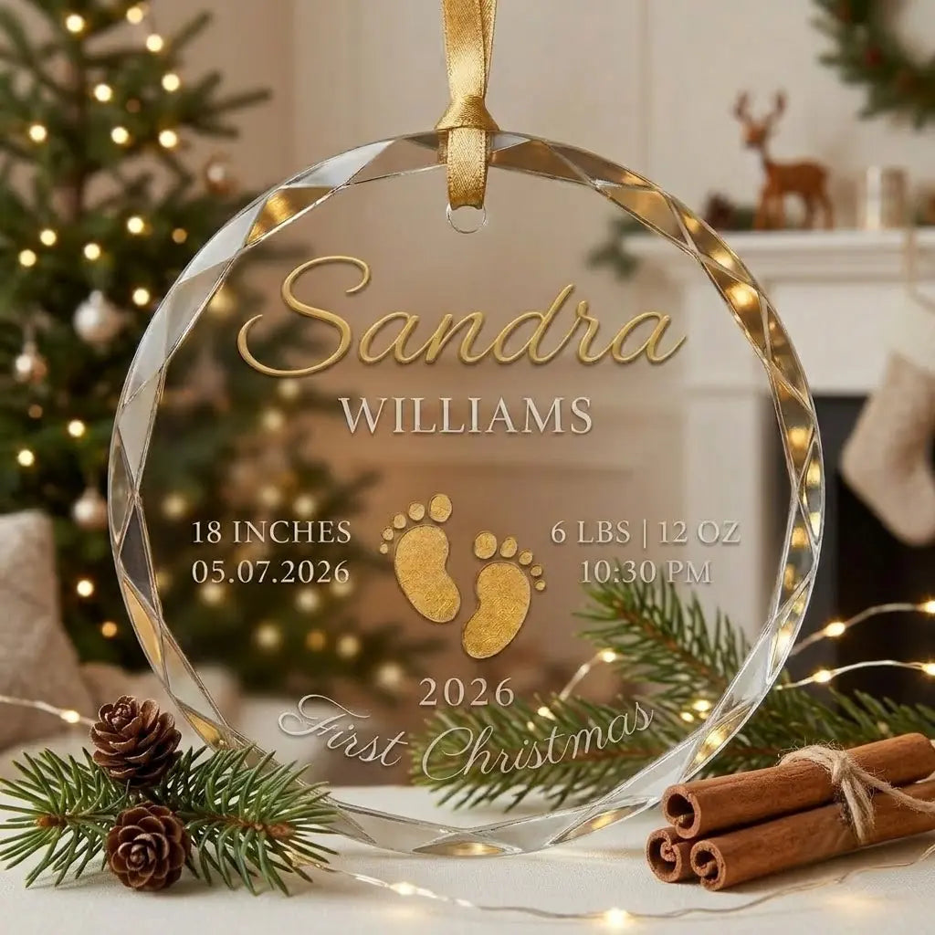 Clear glass round ornament featuring gold baby footprints and custom birth statistics details with lifestyle view