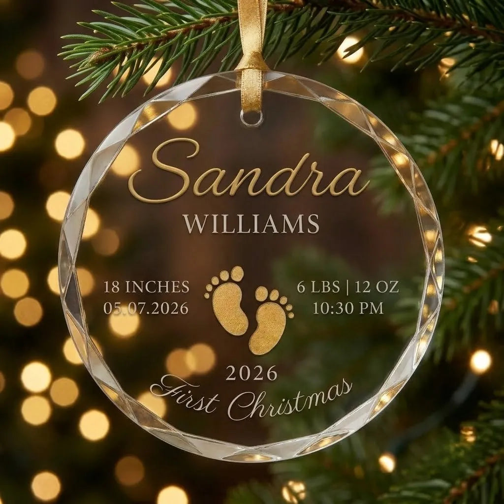 Clear glass round ornament featuring gold baby footprints and custom birth statistics details with tree view