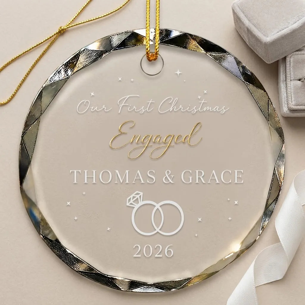 Clear glass round ornament laid flat on festive wooden surface with pine branches, pinecones and holiday decorations surrounding the engagement design