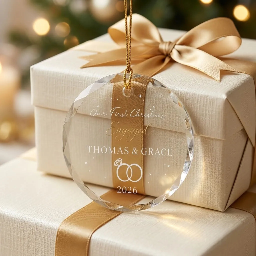 Personalized engagement glass ornament presented beside a wrapped holiday gift box on rustic wooden background
