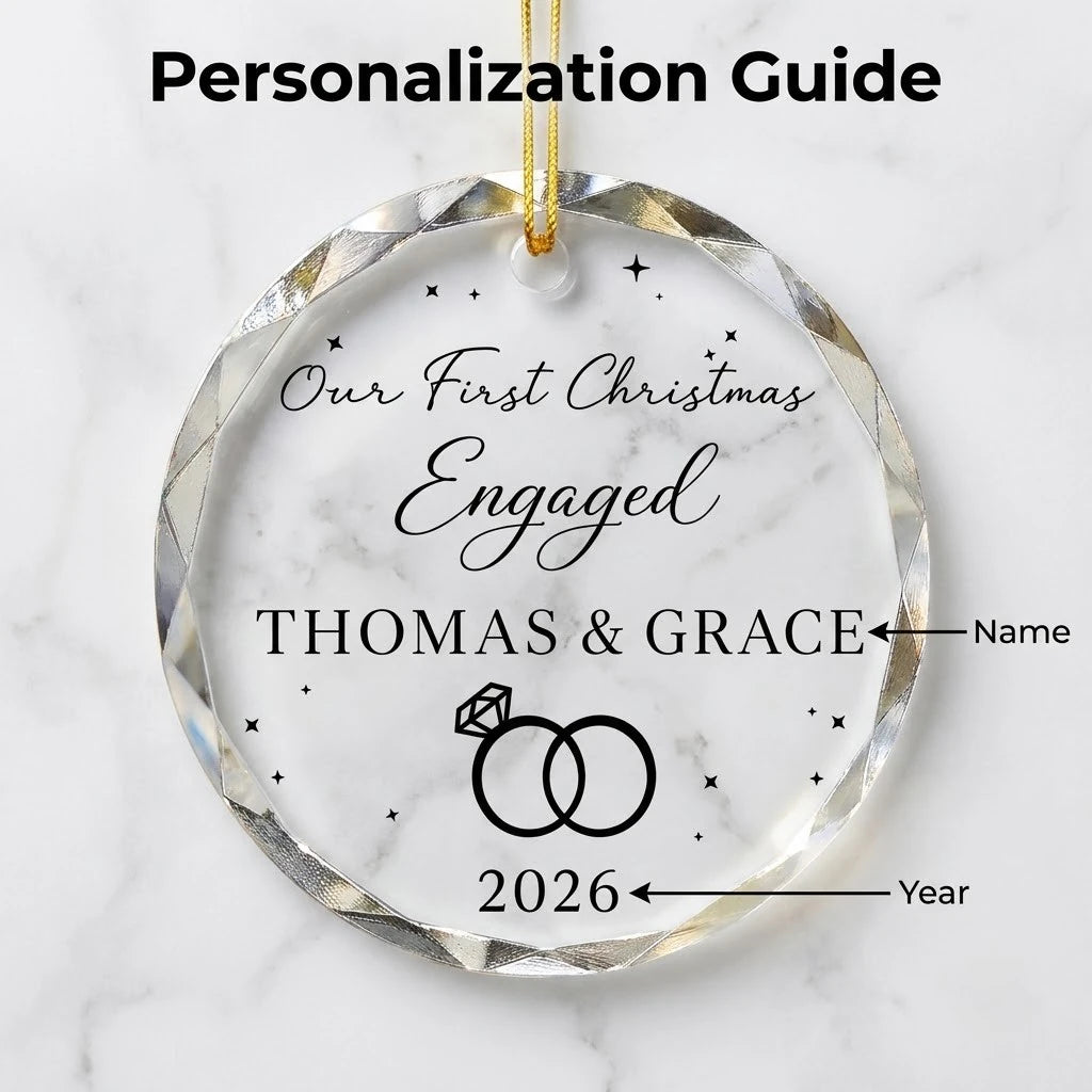 Personalization instruction card showing text input fields for custom names, dates and year on glass ornament