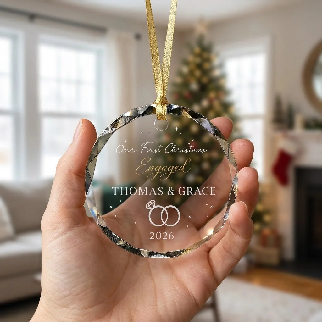 Hand holding a transparent faceted glass ornament with gold string loop showing printed interlocking wedding diamond rings design and crisp white lettering in cozy indoor scene