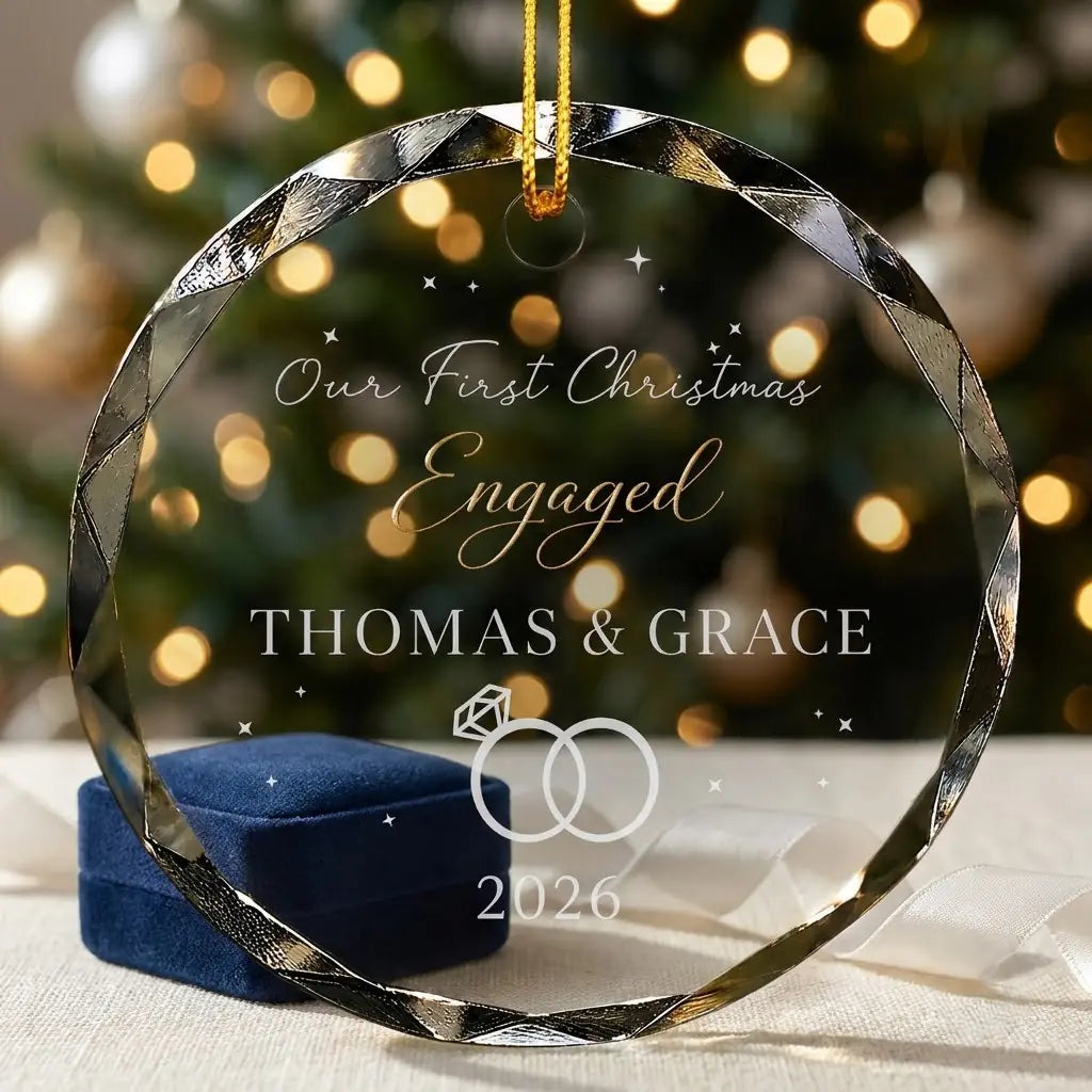 Cozy Christmas holiday scene displaying the custom transparent glass ornament hanging near mantel decor