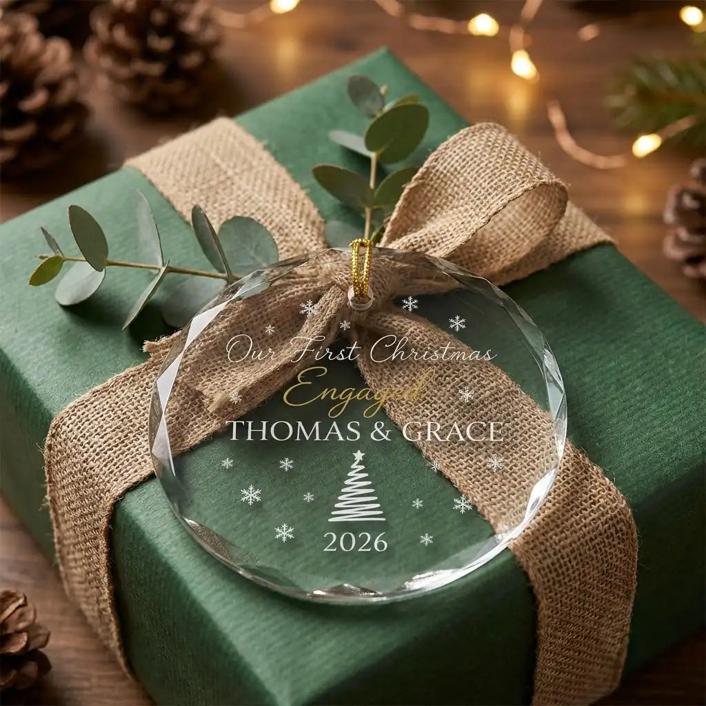 Personalized engagement glass ornament presented beside a wrapped holiday gift box on rustic wooden background