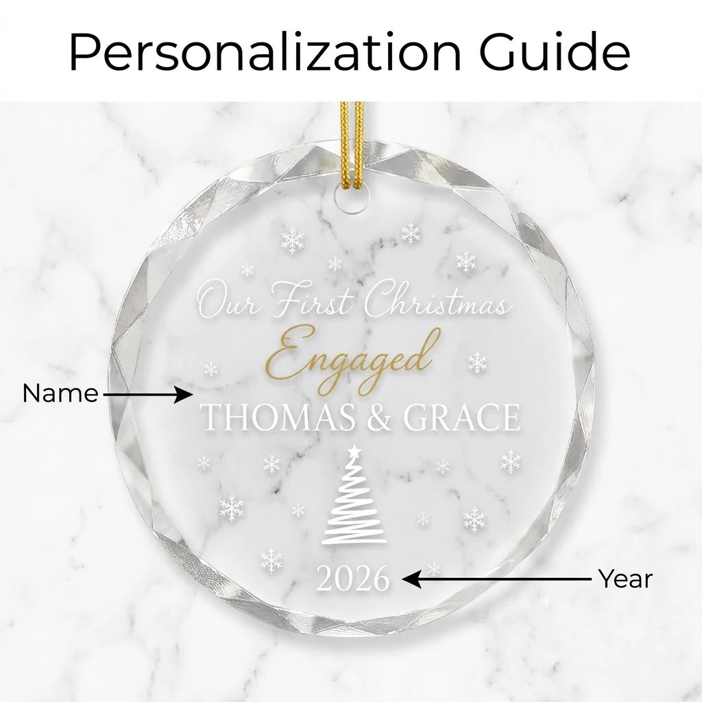Personalization instruction card showing text input fields for custom names, dates and year on glass ornament