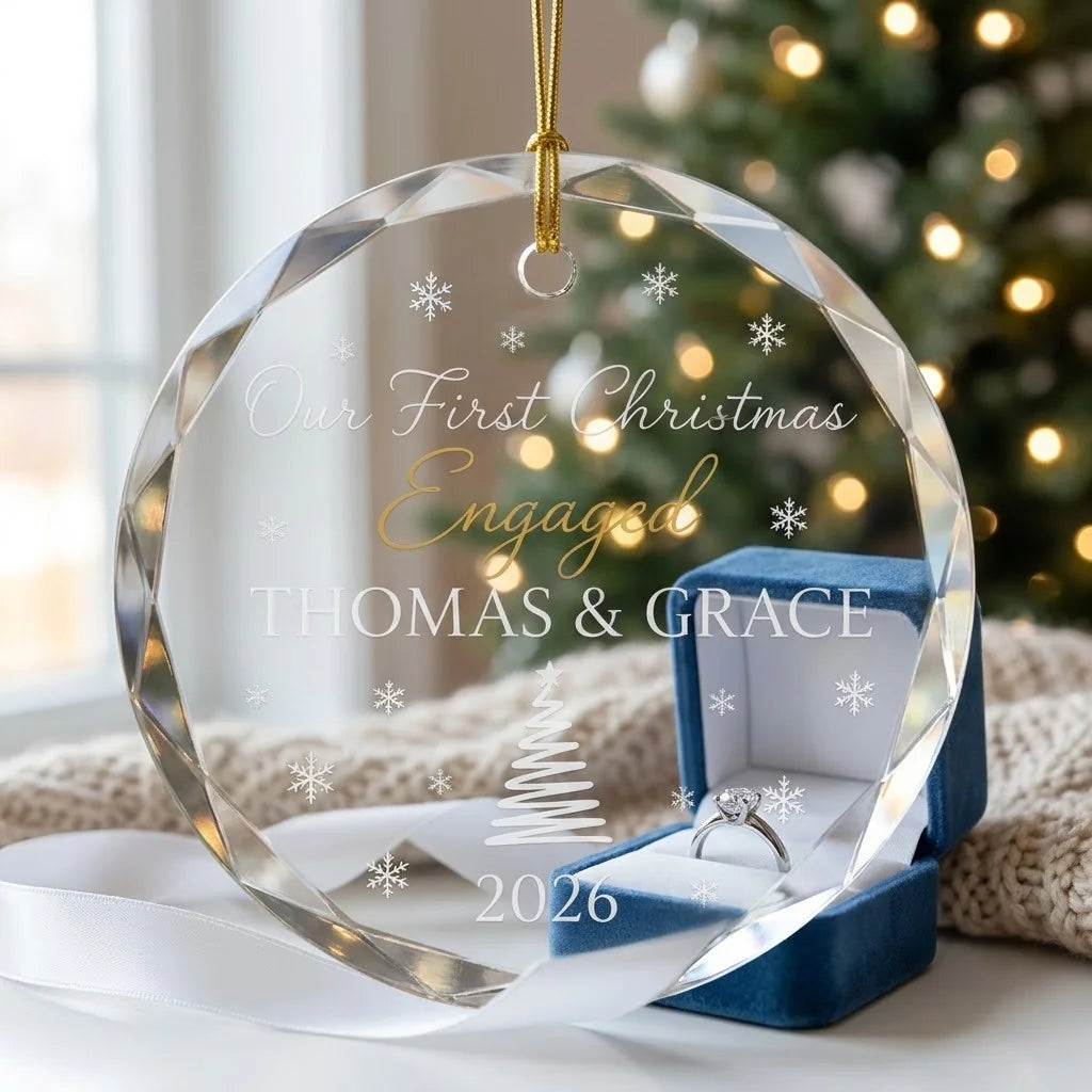 Cozy Christmas holiday scene displaying the custom transparent glass ornament hanging near mantel decor