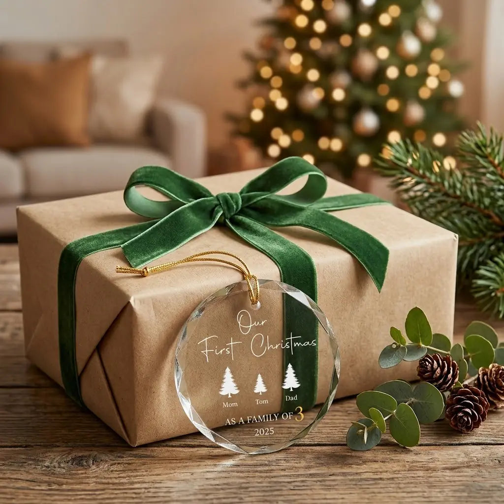 Personalized family of 3 glass ornament presented beside a wrapped holiday gift box on rustic wooden background