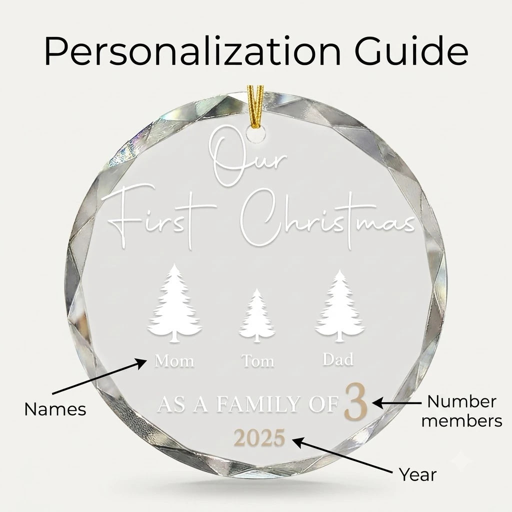 Personalization instruction card showing text input fields for custom names, dates and year on glass ornament