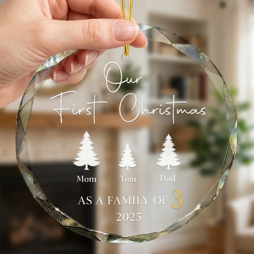 Hand holding a transparent faceted glass ornament with gold string loop showing printed three pine trees line design and crisp white lettering in cozy indoor scene