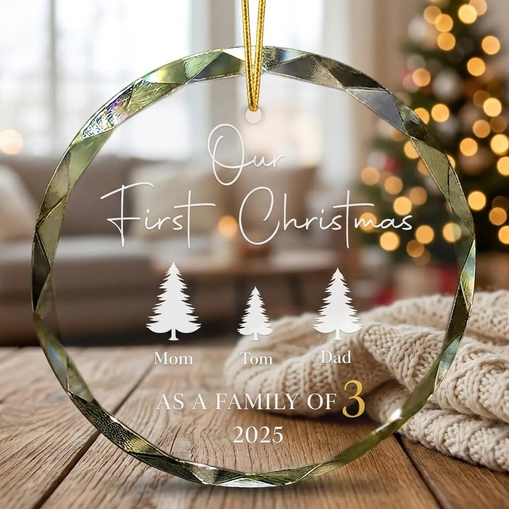 Cozy Christmas holiday scene displaying the custom transparent glass ornament hanging near mantel decor