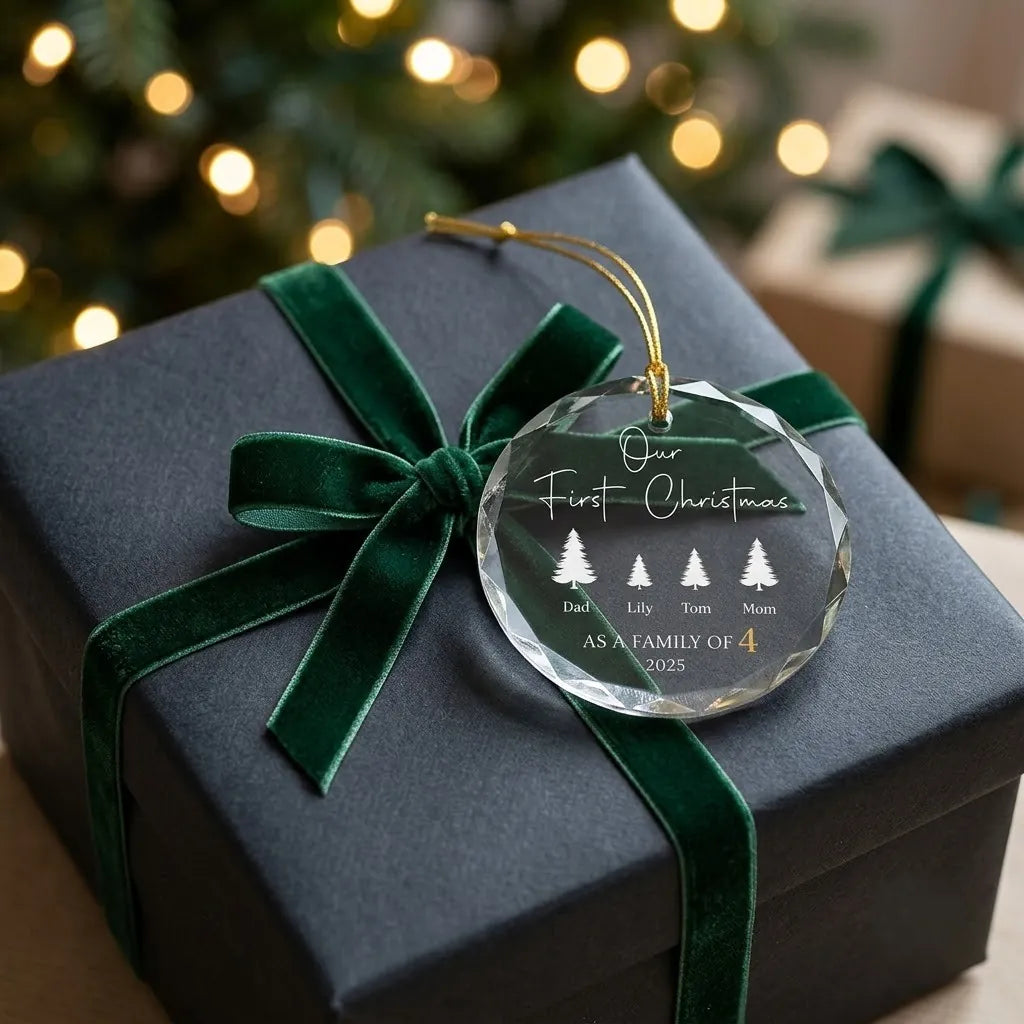 Personalized family of 4 glass ornament presented beside a wrapped holiday gift box on rustic wooden background