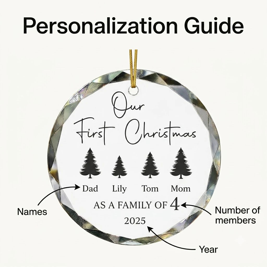 Personalization instruction card showing text input fields for custom names, dates and year on glass ornament