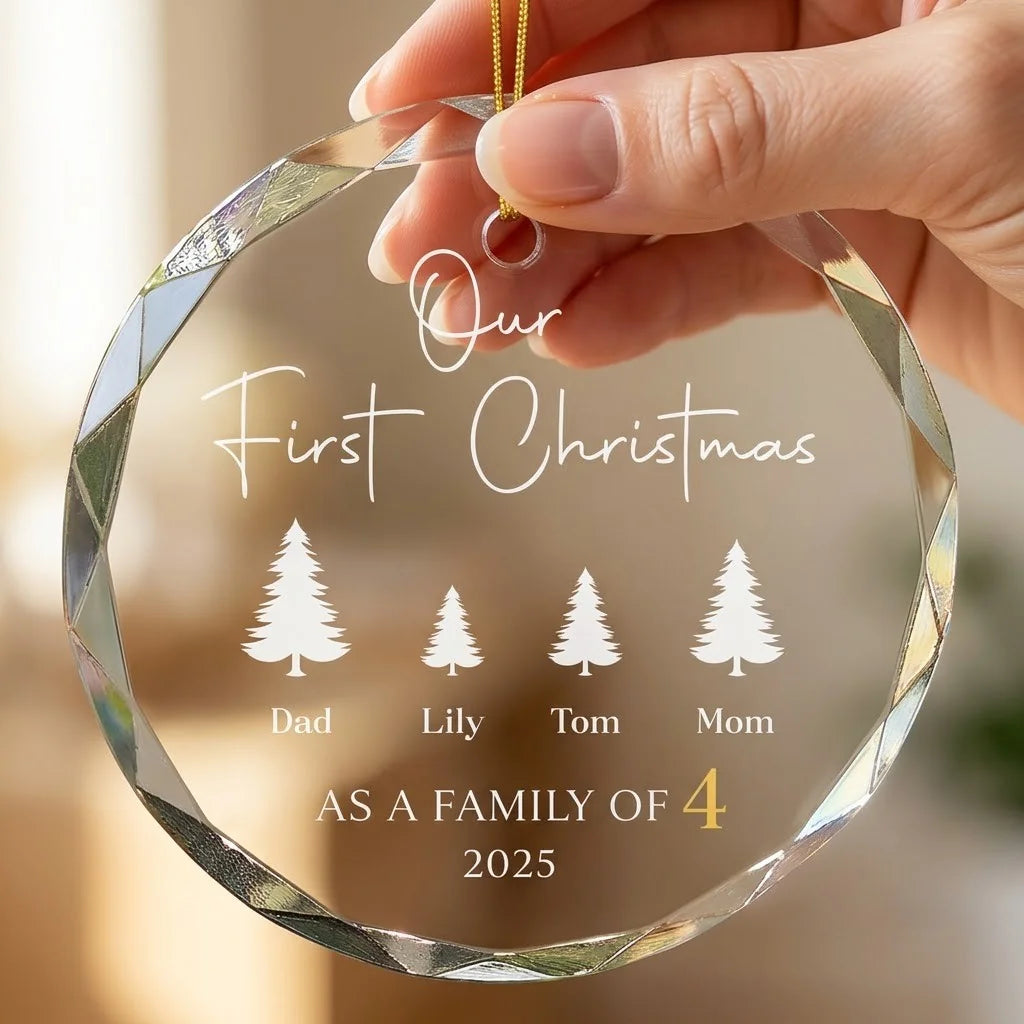 Hand holding a transparent faceted glass ornament with gold string loop showing printed four pine trees row design and crisp white lettering in cozy indoor scene