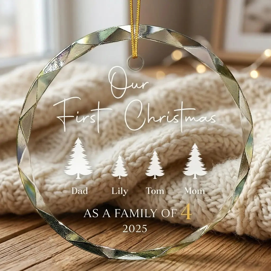 Cozy Christmas holiday scene displaying the custom transparent glass ornament hanging near mantel decor