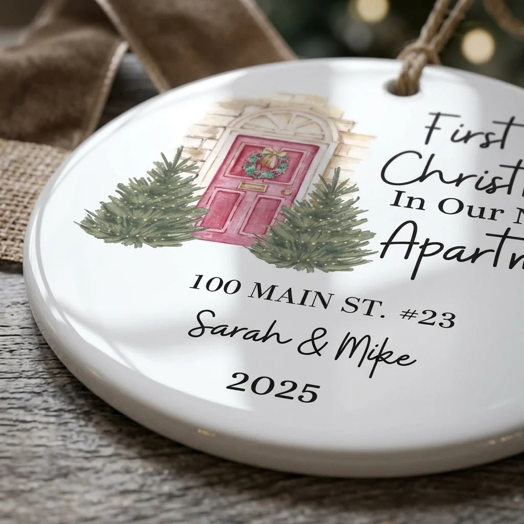 first christmas in our new apartment personalized ornament detail