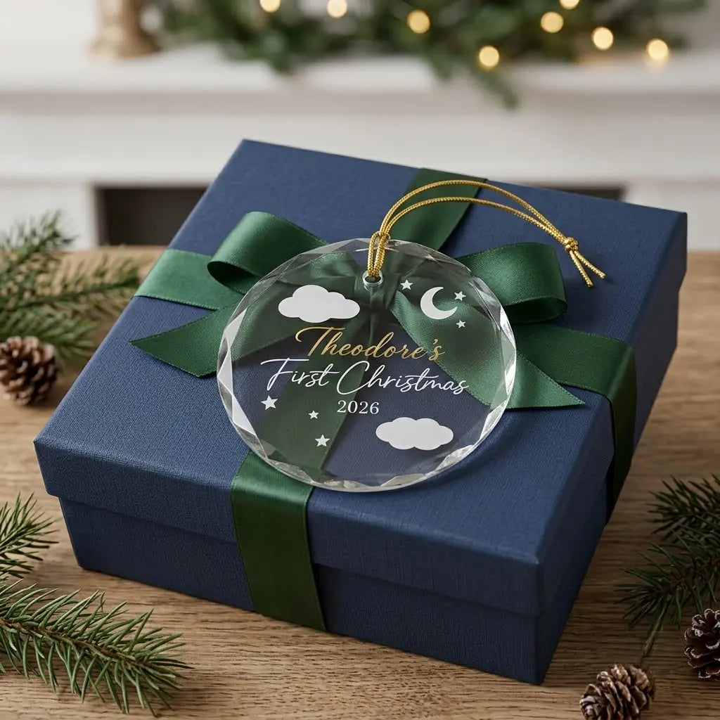 Personalized baby first christmas glass ornament presented beside a wrapped holiday gift box on rustic wooden background