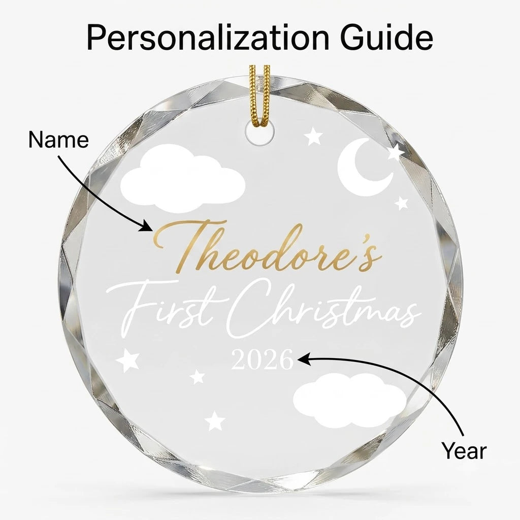 Personalization instruction card showing text input fields for custom names, dates and year on glass ornament