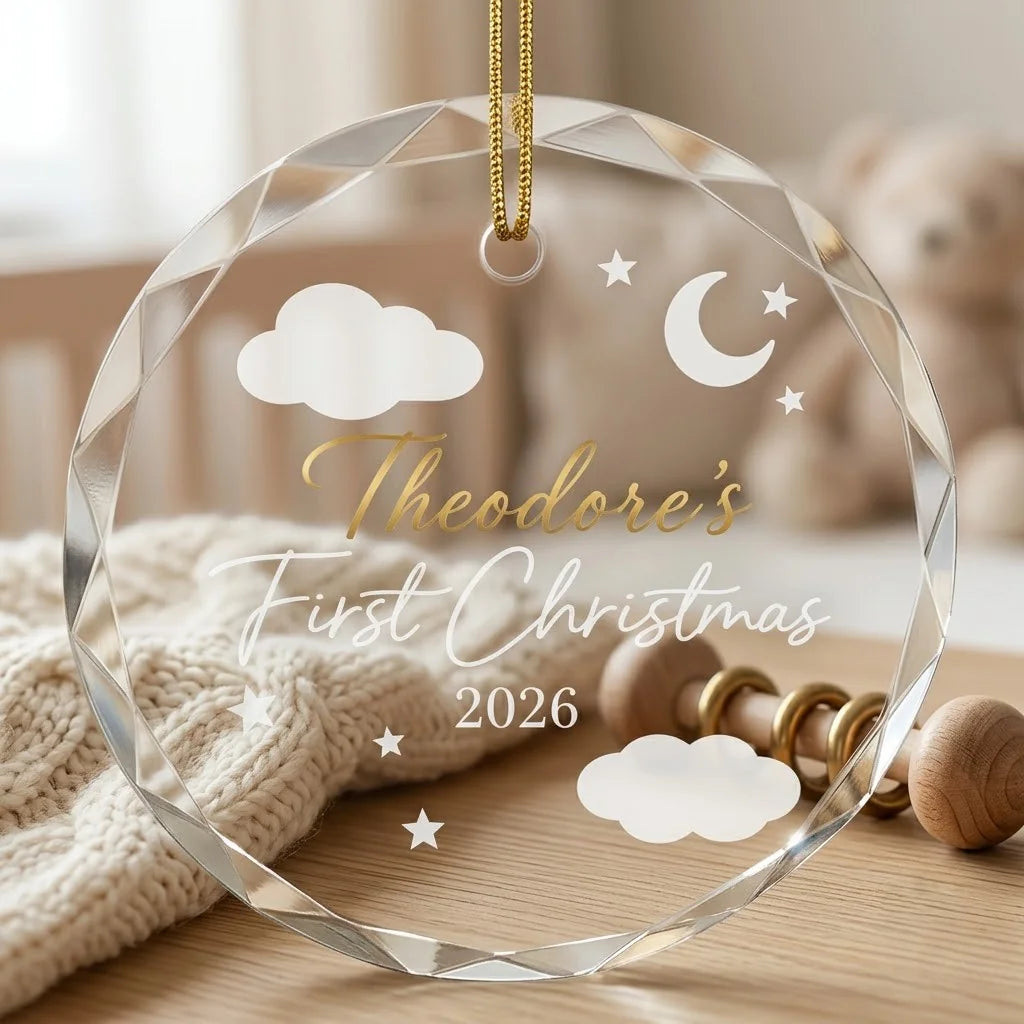 Cozy Christmas holiday scene displaying the custom transparent glass ornament hanging near mantel decor