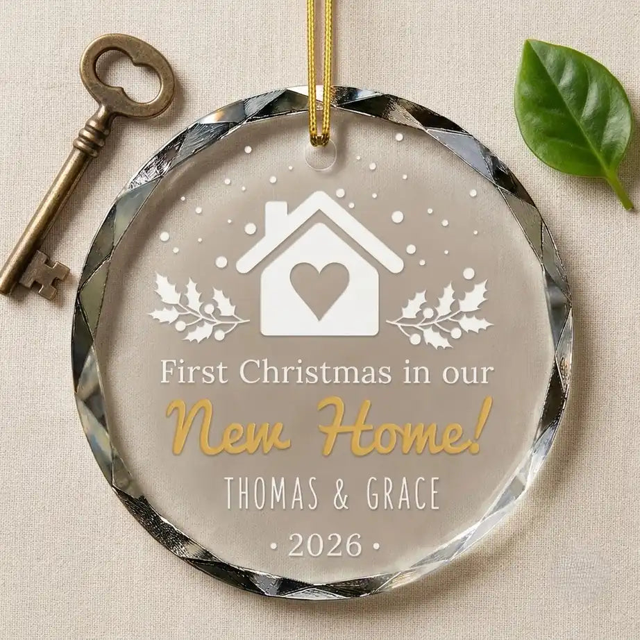first christmas new home personalized glass ornament flatlay